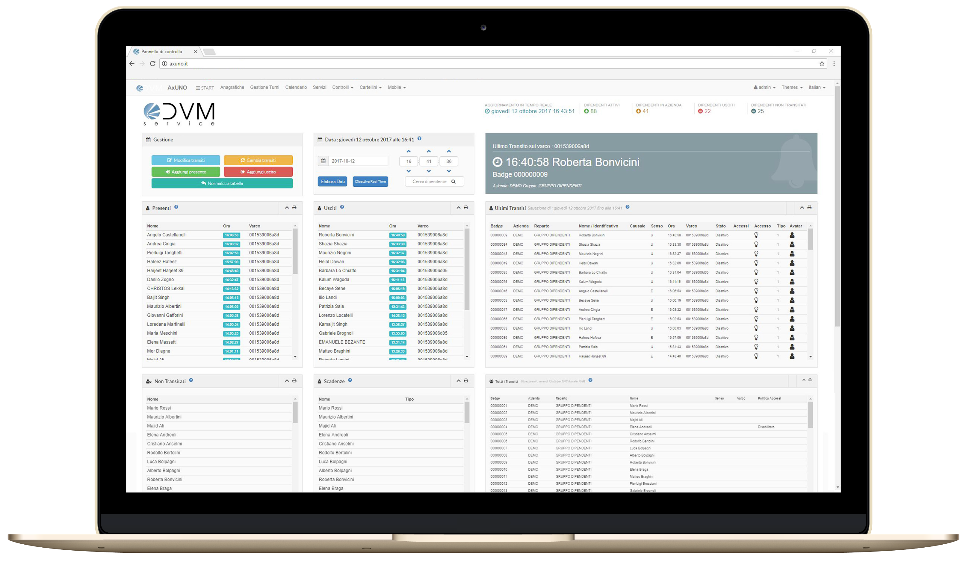 Vista della pagina ClockIn del software rilevazione presenze